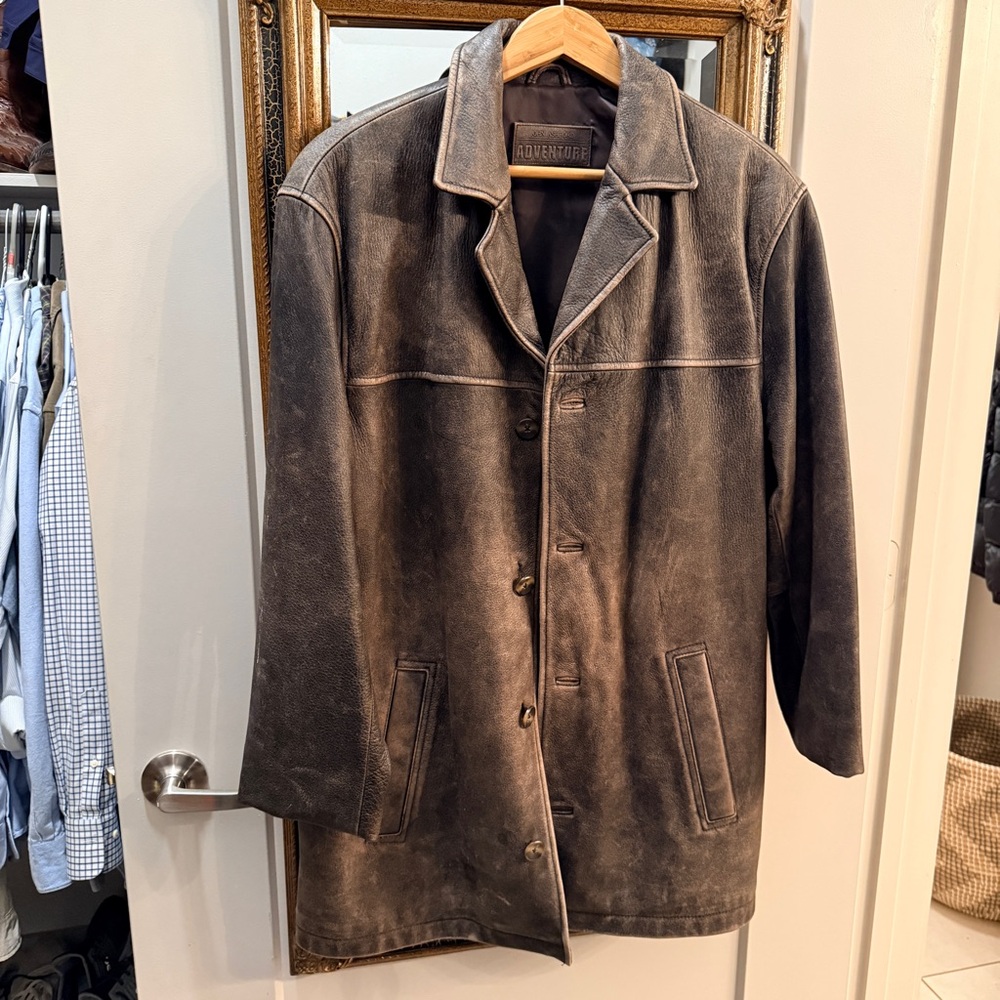 John Ashford Men's Leather Trench Coat - Distressed Black